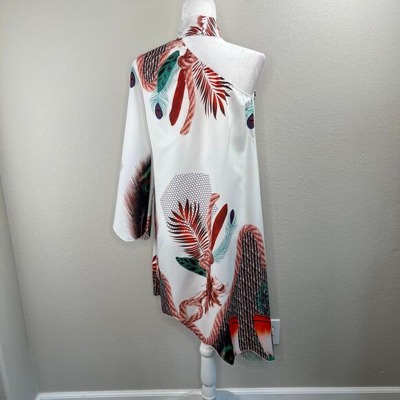 White Green Multi Peacock Asymmetric One Shoulder High Neck Mini Shift Dress M/L - Picture 12 of 12